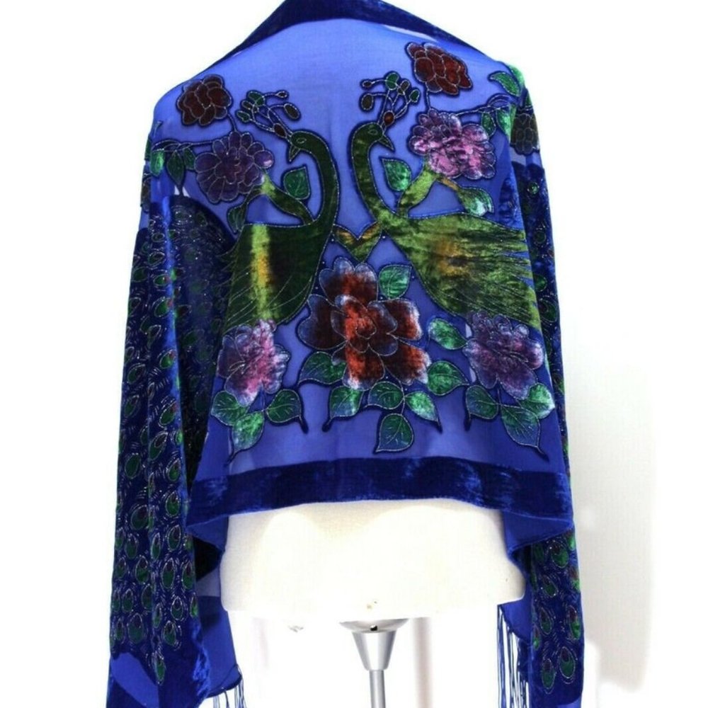 Royal Blue Velvet Scarf, Peacock Scarf, Semi Sheer, Burn out, Flowers, B…